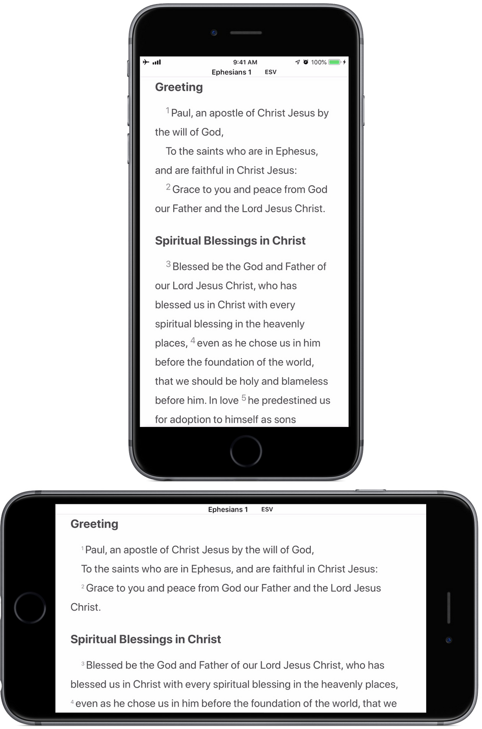 Ephesians 1:1–2 displayed by upright and sideways iPhones.