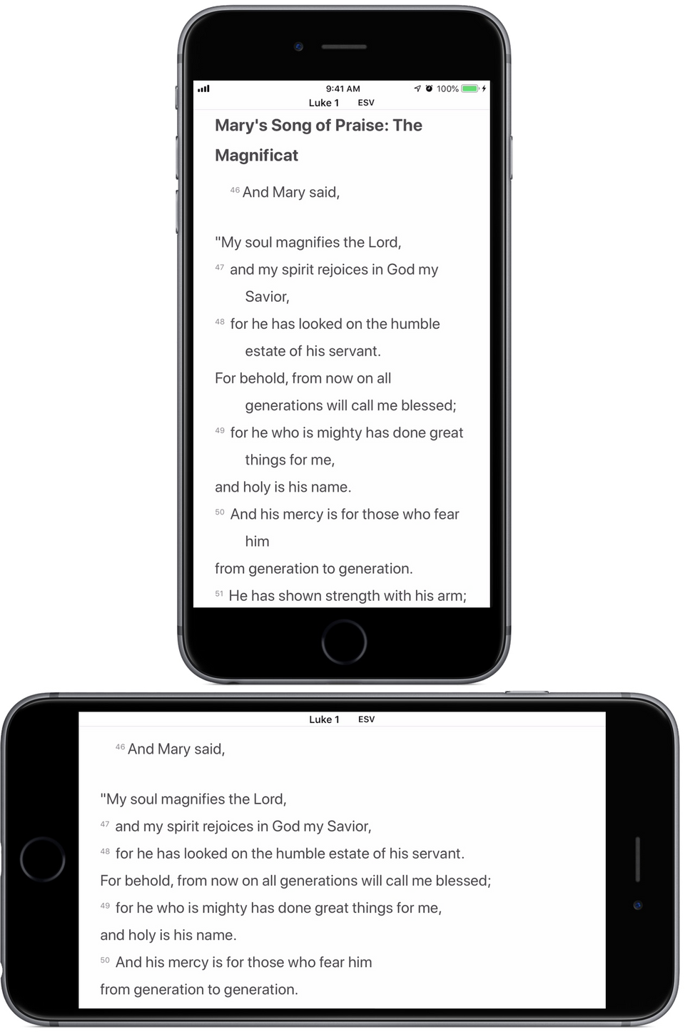 Luke 1:46–50 displayed by upright and sideways iPhones.