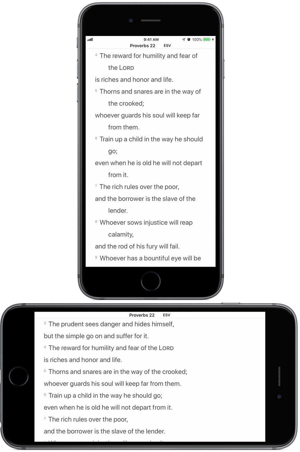 Proverbs 22:4–7 displayed by upright and sideways iPhones.