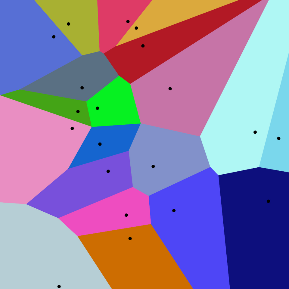 Euclidean Voronoi diagram by Balu Ertl, CC BY-SA 4.0 Euclidean Voronoi diagram with each region colored differently